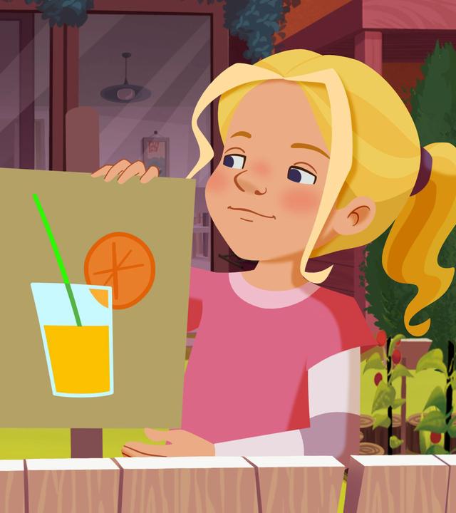 Jul und Tieneke kümmern sich um ihren Imbiss. Tieneke hält ein Schild mit einem aufgedruckten Orangenglas in der Hand.