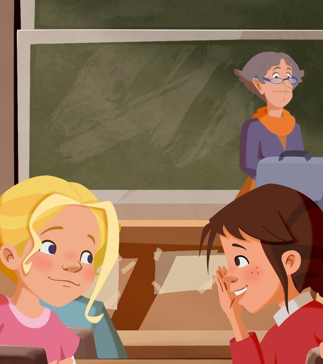 Tara und Tieneke planen schon im Unterricht ihre Aprilscherze und flüstern sich ihre Ideen zu. Die Lehrerin bemerkt es nicht.