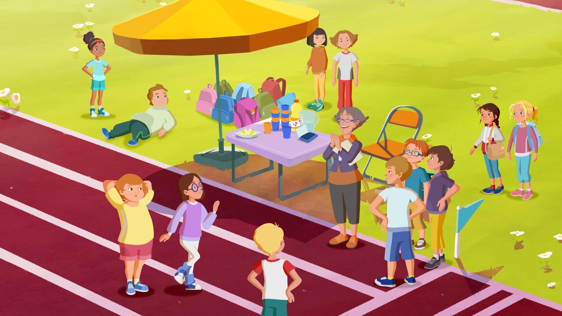 Die Kinder machen sich fertig für den Spendenlauf. Die Lehrerin applaudiert den Schülern auf der Tartanbahn, am Rand ist ein Stand mit Getränken aufgebaut.