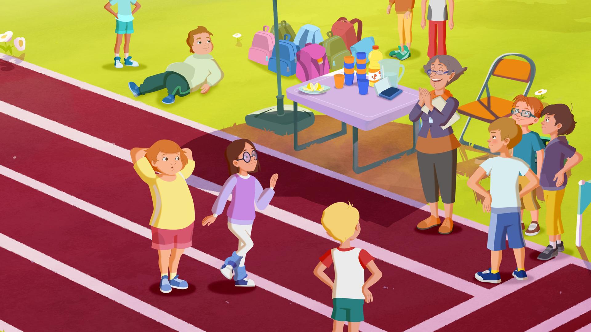 Die Kinder machen sich fertig für den Spendenlauf. Die Lehrerin applaudiert den Schülern auf der Tartanbahn, am Rand ist ein Stand mit Getränken aufgebaut.