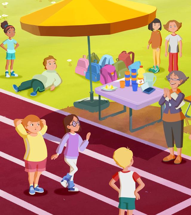 Die Kinder machen sich fertig für den Spendenlauf. Die Lehrerin applaudiert den Schülern auf der Tartanbahn, am Rand ist ein Stand mit Getränken aufgebaut.
