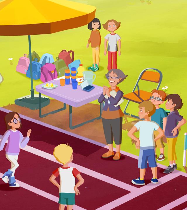 Die Kinder machen sich fertig für den Spendenlauf. Die Lehrerin applaudiert den Schülern auf der Tartanbahn, am Rand ist ein Stand mit Getränken aufgebaut.