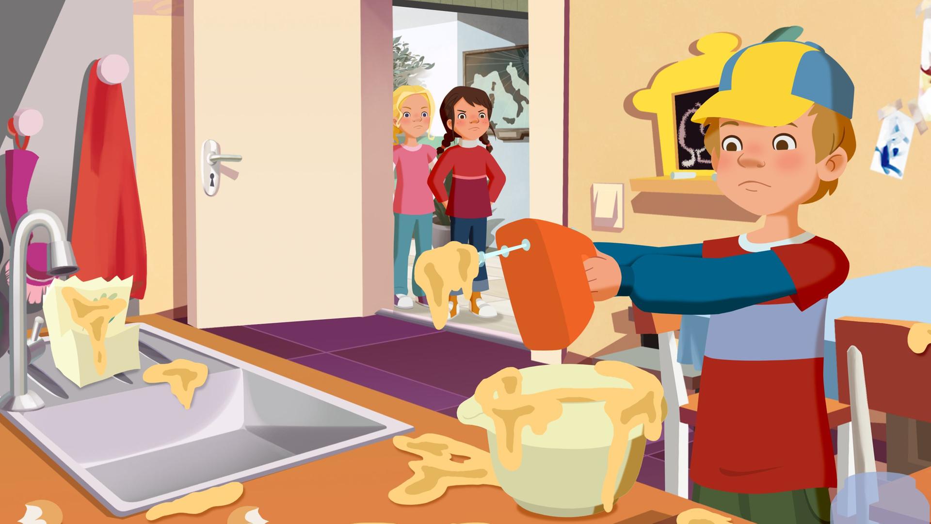Beim Backen für Mama geht alles schief: Petja steht dort mit einer Rührschüssel, einem Handrührgerät und dem verkleckerten Teig.