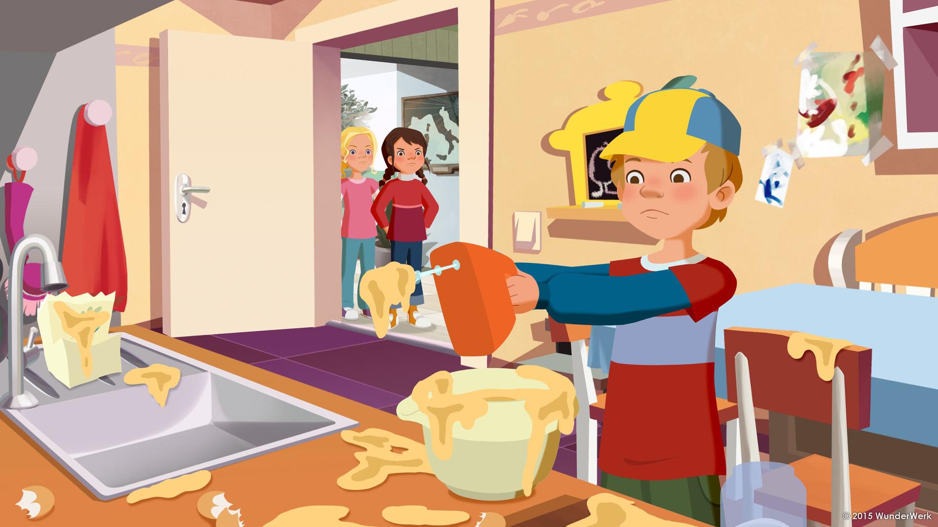 Beim Backen für Mama geht alles schief: Petja steht dort mit einer Rührschüssel, einem Handrührgerät und dem verkleckerten Teig.