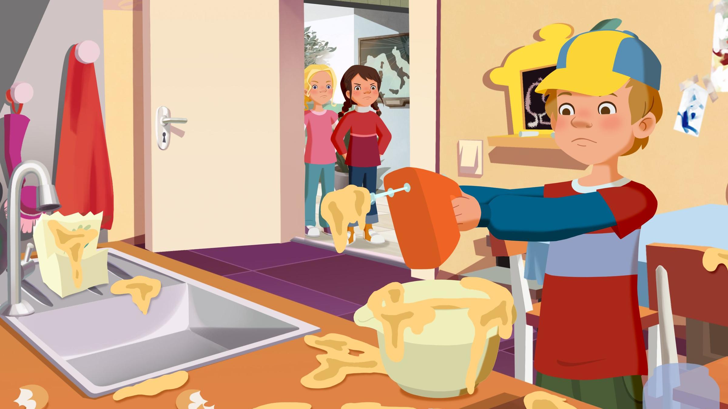 Beim Backen für Mama geht alles schief: Petja mit Rührschüssel, Handrührgerät und verkleckertem Teig.