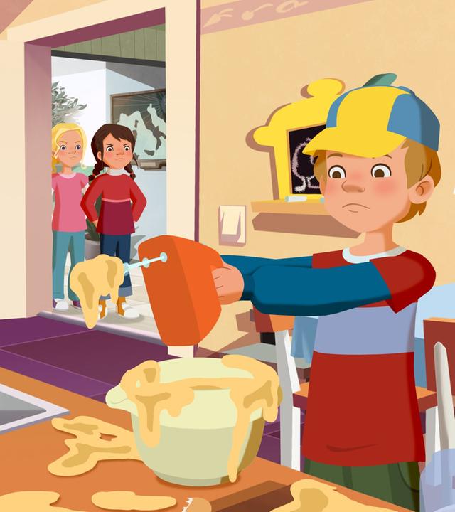 Beim Backen für Mama geht alles schief: Petja steht dort mit einer Rührschüssel, einem Handrührgerät und dem verkleckerten Teig.