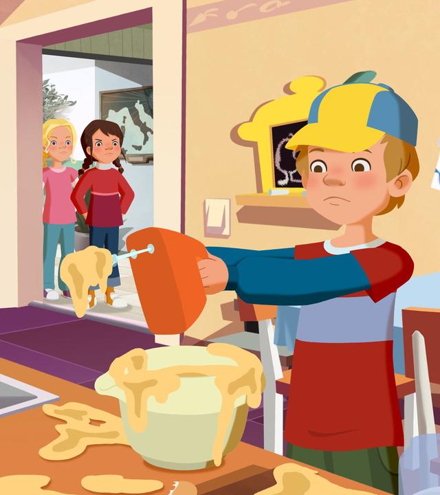 Beim Backen für Mama geht alles schief: Petja steht dort mit einer Rührschüssel, einem Handrührgerät und dem verkleckerten Teig.