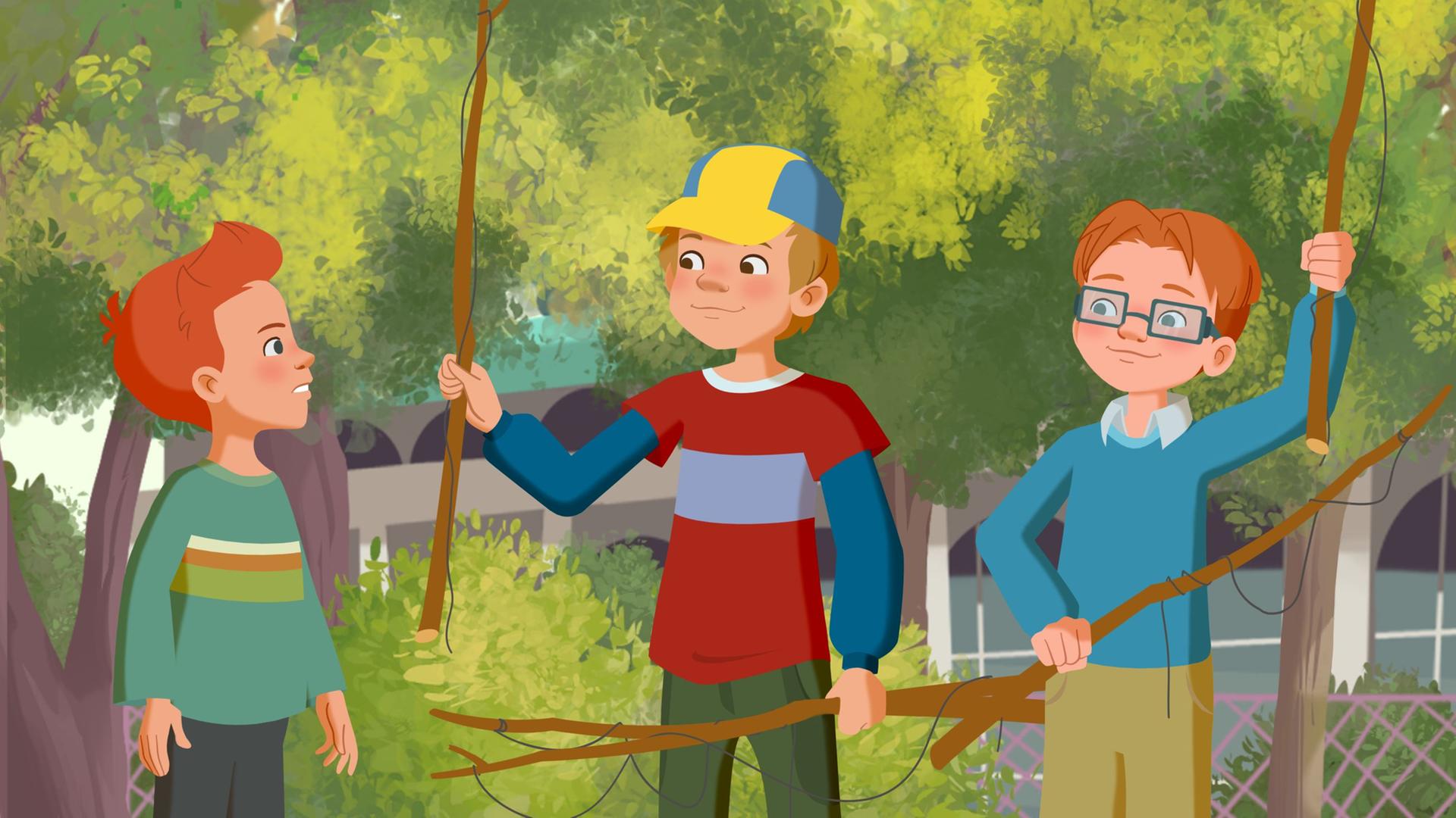 Laurin, Petja und Vincent haben genug von zu Hause und bauen eine Hütte.