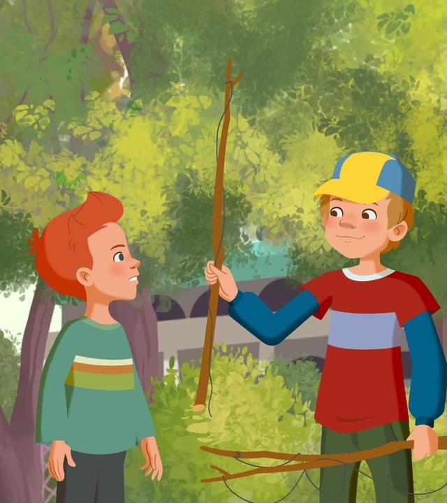 Laurin, Petja und Vincent haben genug von zu Hause und bauen eine Hütte.