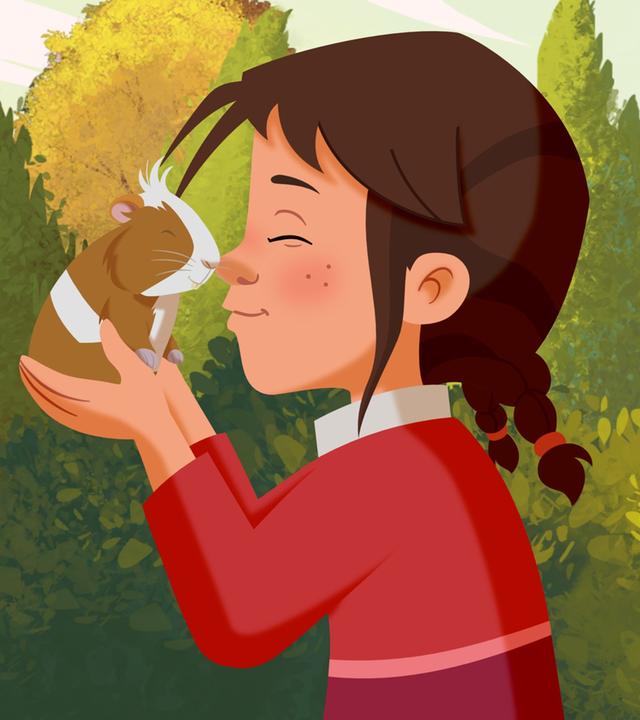 Tara kümmert sich um das neue Meerschweinchen. Sie trägt es in ihren Händen und hält ihre Nase an die des Meerschweinchens. Dabei lächelt sie fröhlich.