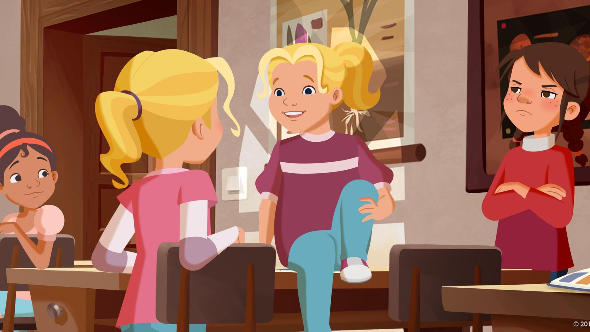 Tienecke sitzt auf Taras Sitzplatz und schaut auf die Mädchen herab.