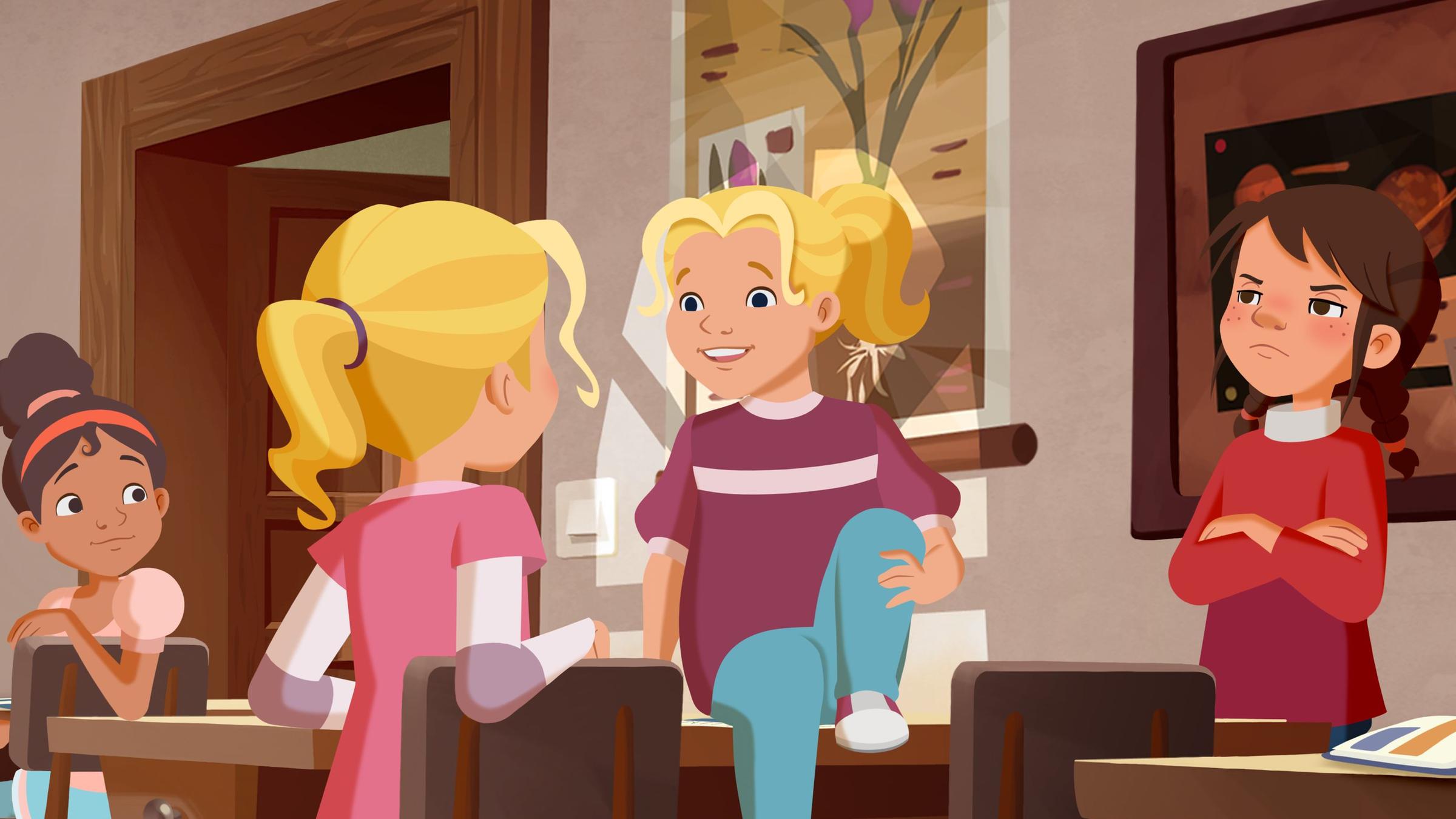 Tienecke sitzt auf Taras Sitzplatz und schaut auf die Mädchen herab.