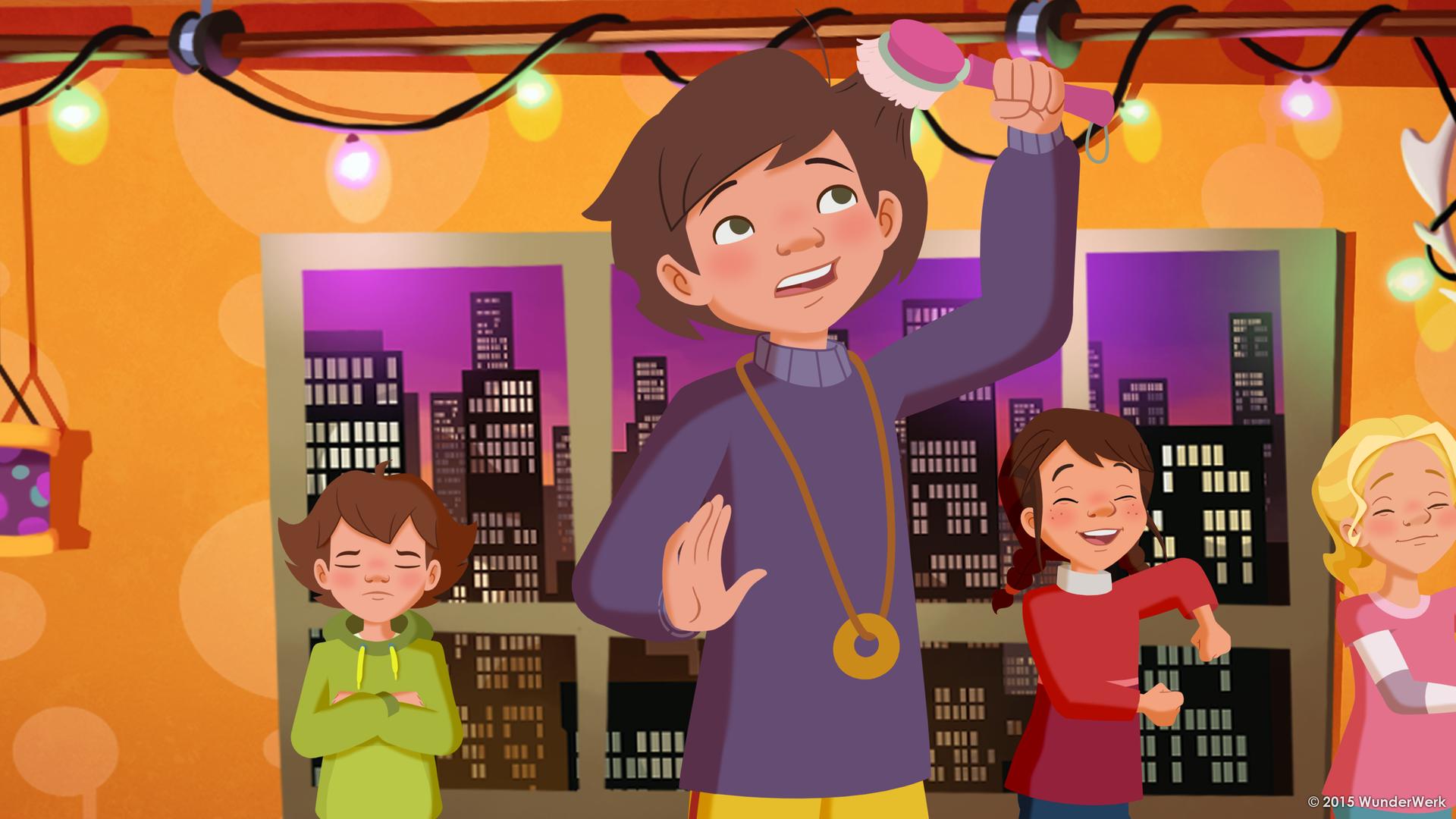 Jul, Fritzi, Tara und Tieneke bereiten ein Popkonzert vor, hängen Girlanden auf und tanzen.