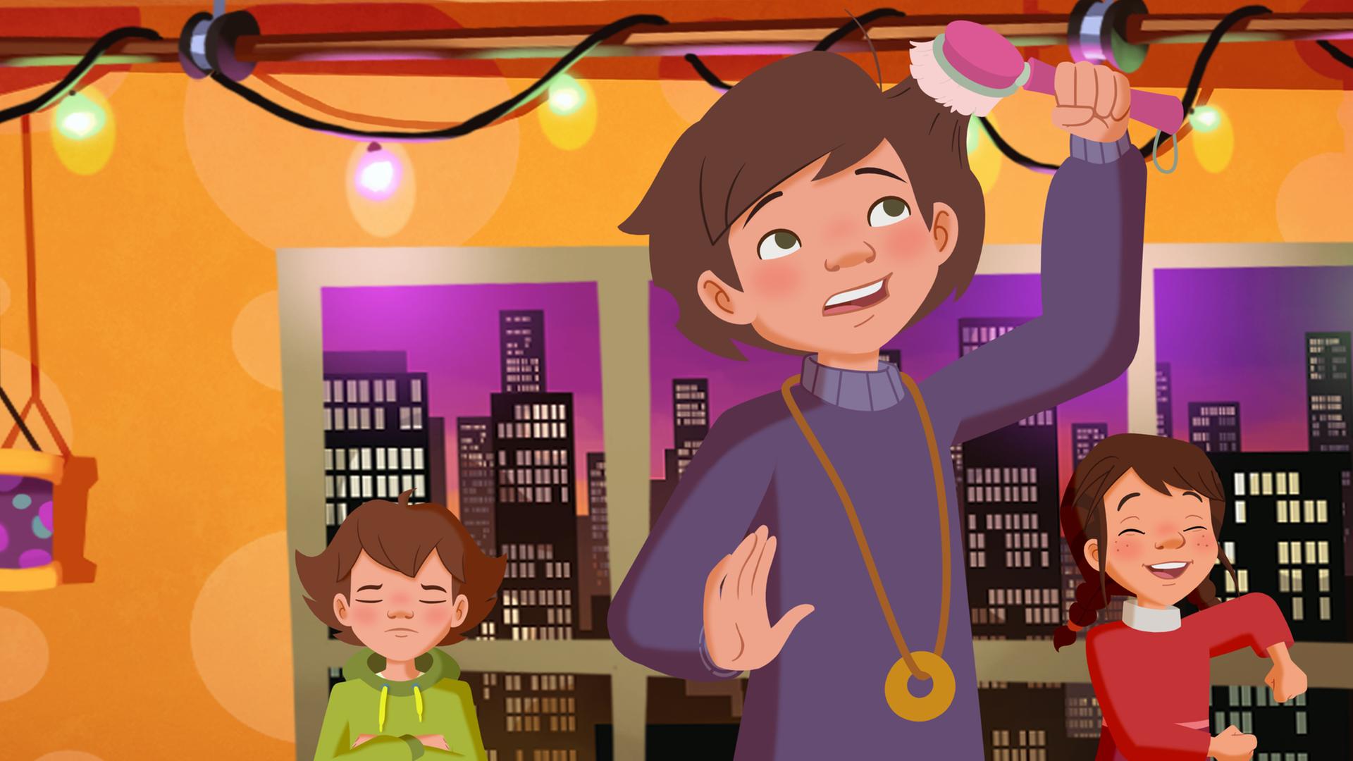 Jul, Fritzi, Tara und Tieneke bereiten ein Popkonzert vor, hängen Girlanden auf und tanzen.