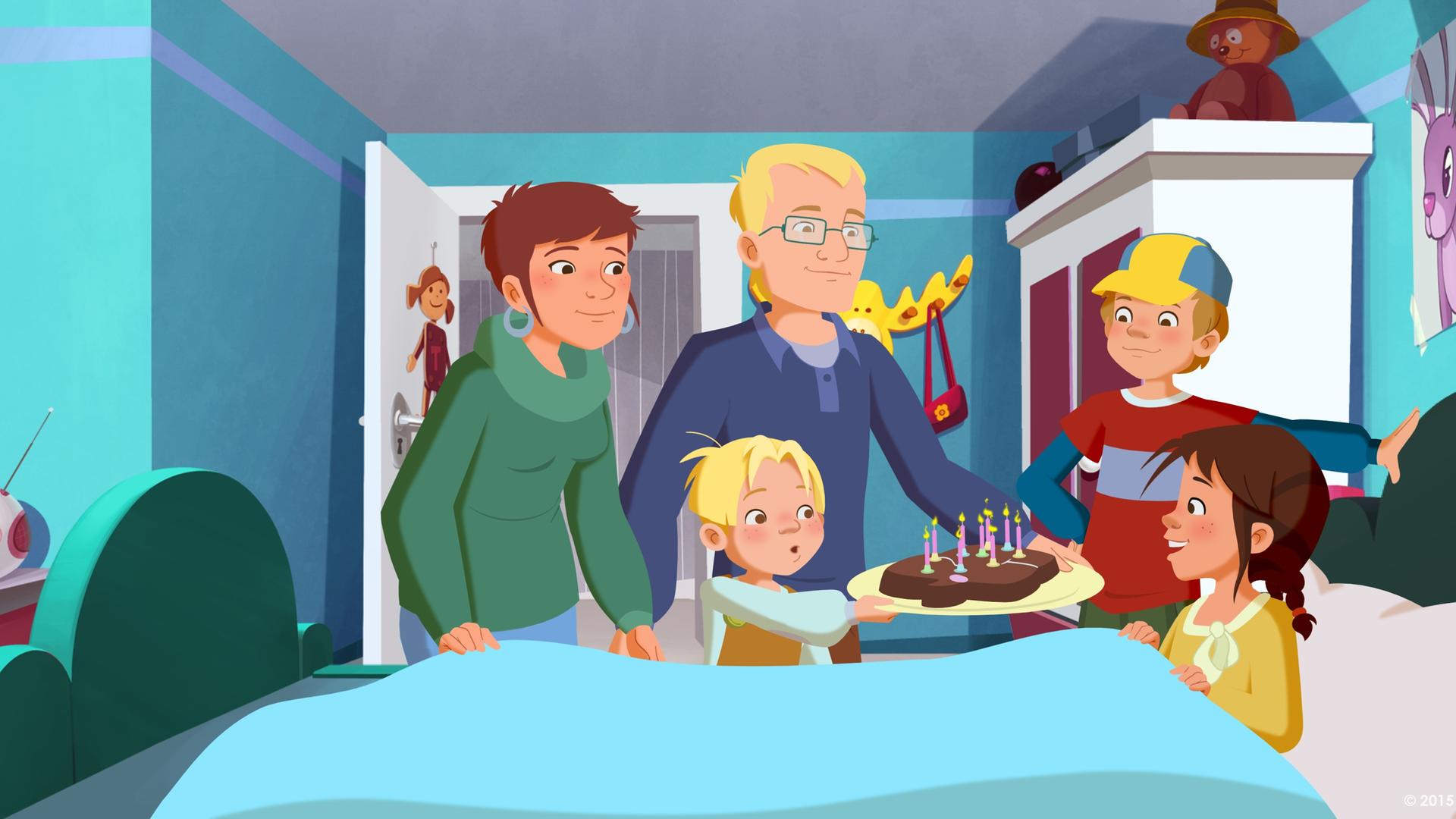 Mama, Papa, Petja und Maus bringen dem Geburtstagskind Tara Kuchen an ihr Bett.