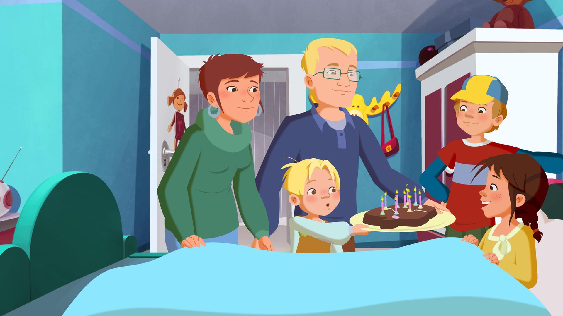 Mama, Papa, Petja und Maus bringen dem Geburtstagskind Tara Kuchen an ihr Bett.