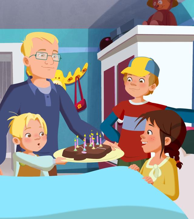Mama, Papa, Petja und Maus bringen dem Geburtstagskind Tara Kuchen an ihr Bett.