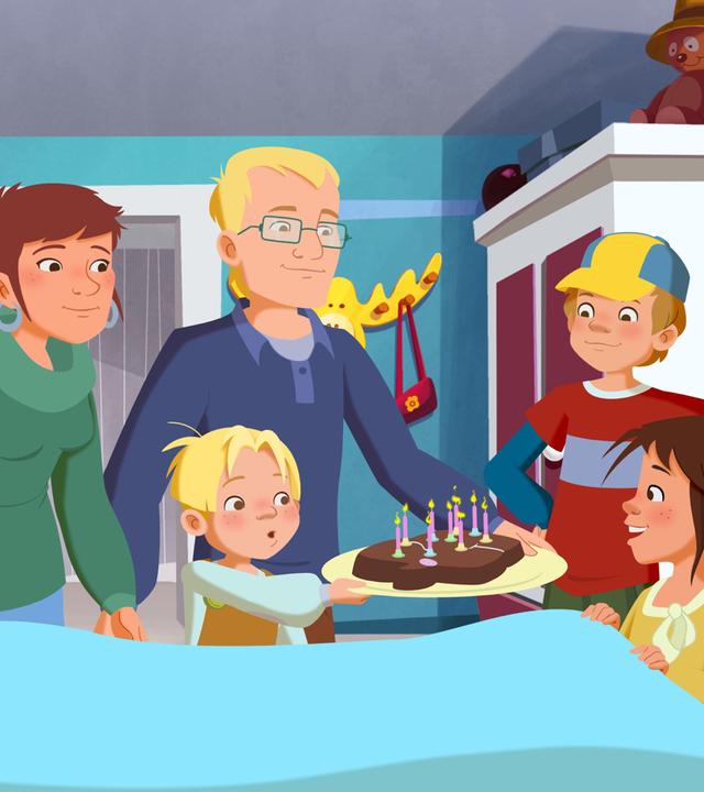 Mama, Papa, Petja und Maus bringen dem Geburtstagskind Tara Kuchen an ihr Bett.