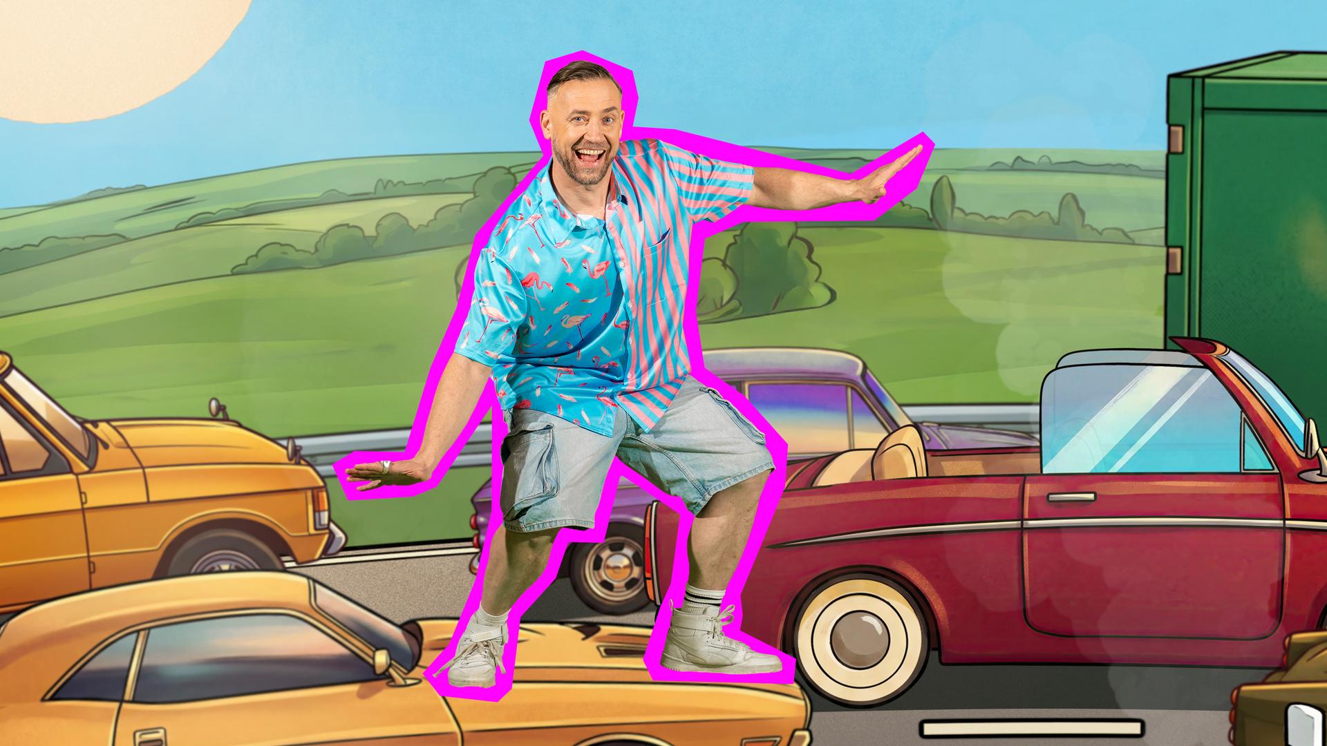 Bürger Lars Dietrich surft auf der Motorhaube eines gezeichneten, gelben Autos. Um ihn herum stehen weitere Autos.