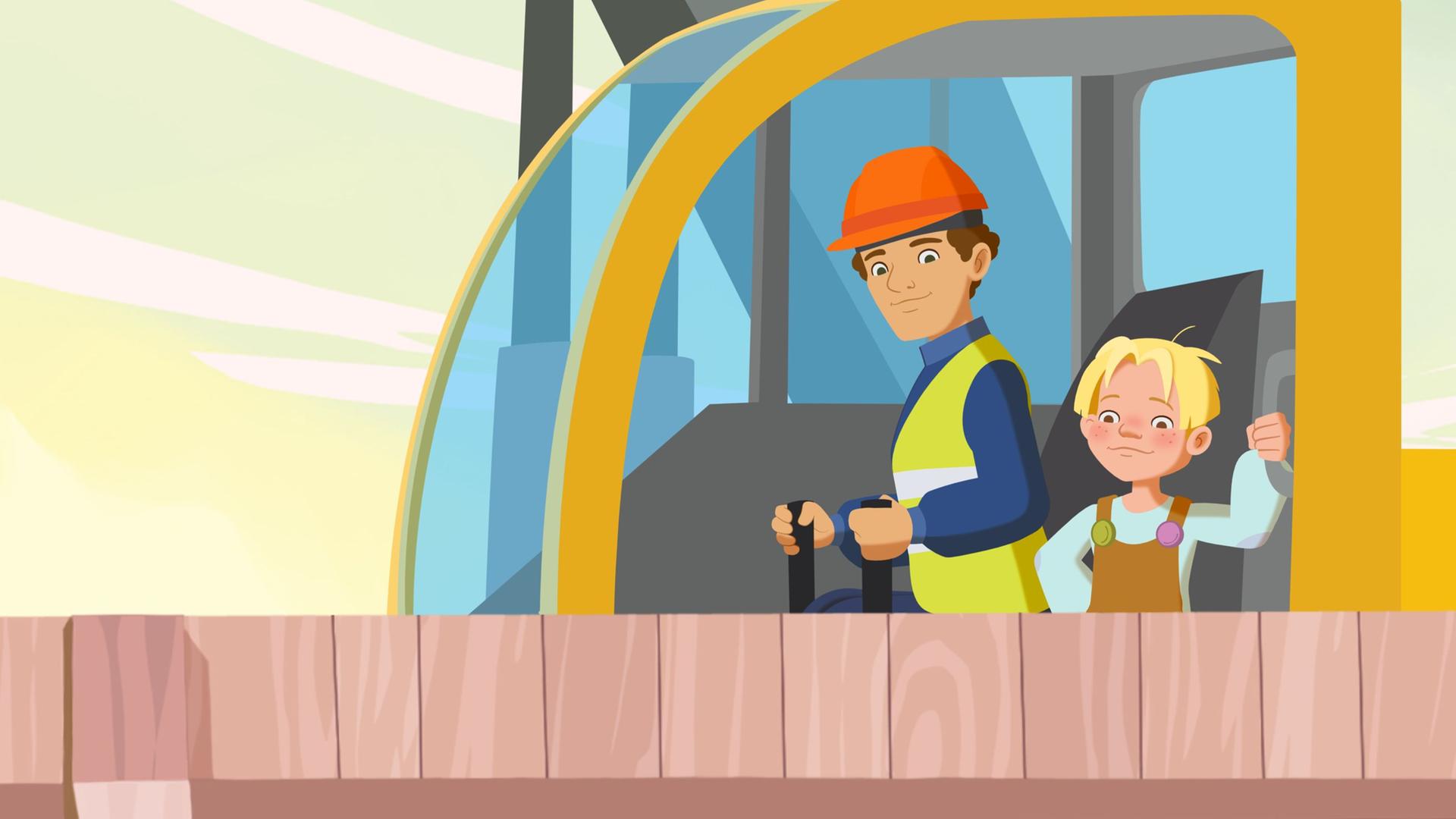 Maus steht in einem Bagger und schaut nach draußen.