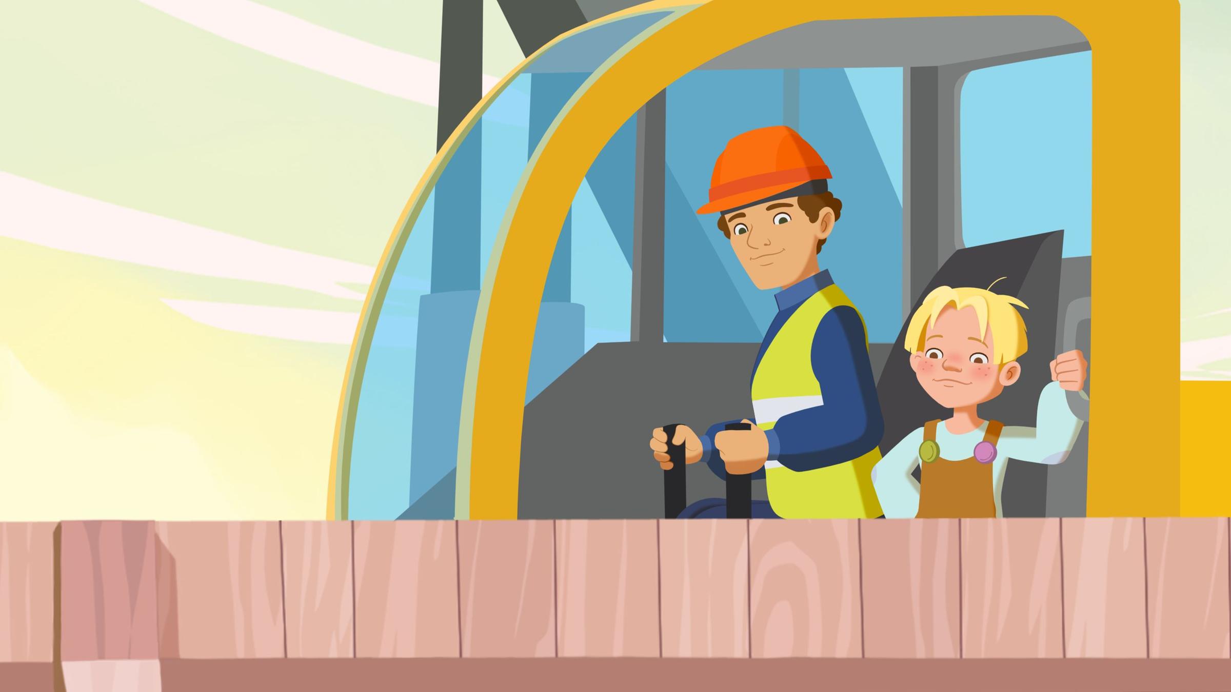 Maus winkt aus dem Bagger.