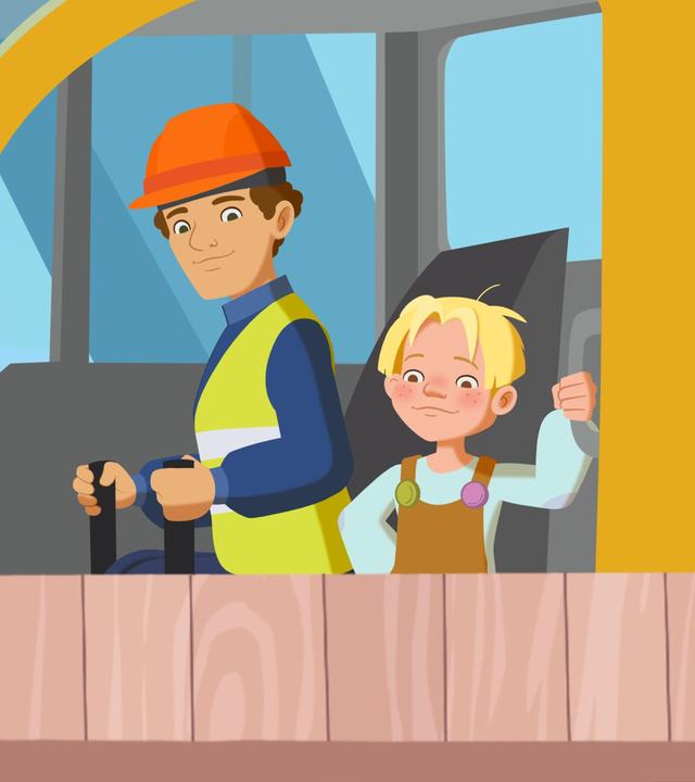 Maus steht in einem Bagger und schaut nach draußen.