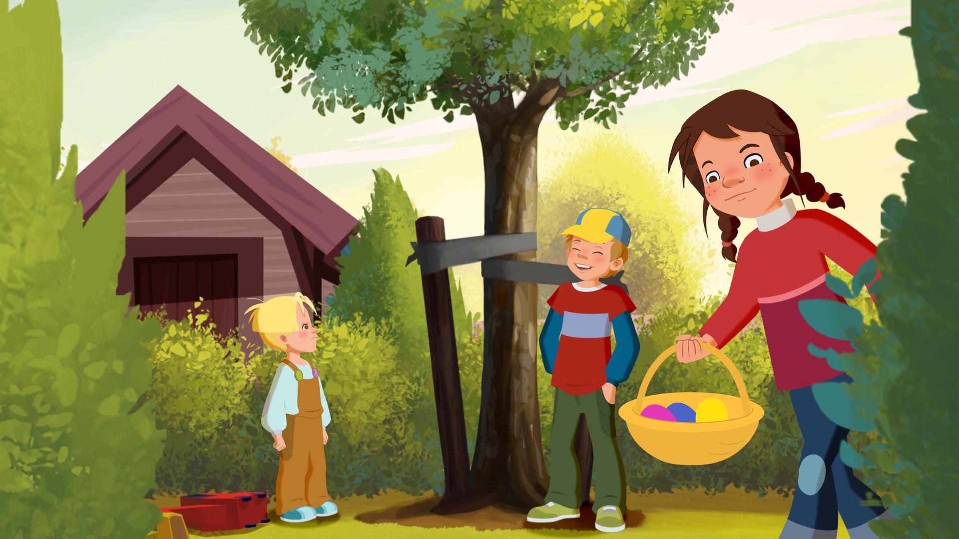 In einem Garten steht rechts Tara, die einen Korb trägt. Der Korb ist voller Ostereier. In der Mitte, neben einem Obstbaum steht Petja, der sich mit Maus unterhält.