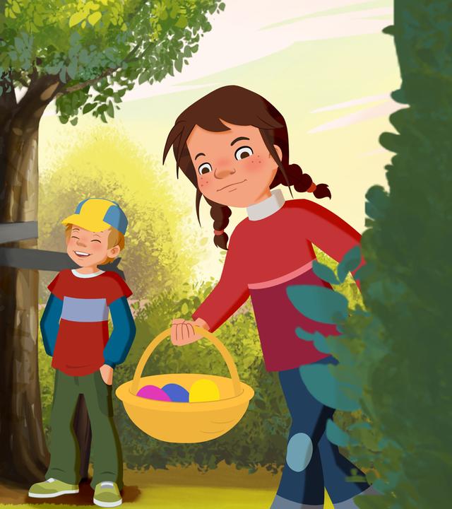 In einem Garten steht rechts Tara, die einen Korb trägt. Der Korb ist voller Ostereier. In der Mitte, neben einem Obstbaum steht Petja, der sich mit Maus unterhält.