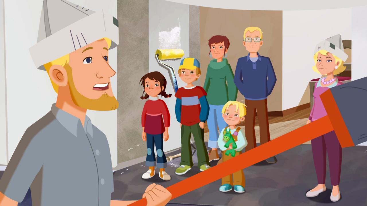 Familie Johannson streicht das Reihenhaus. Alle sind mit Streichutensilien wie Pinsel ausgerüstet.