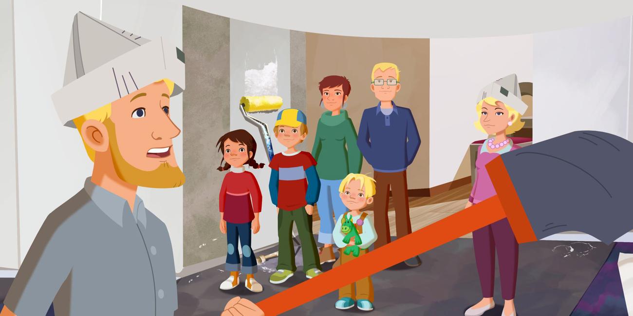 Familie Johannson streicht das Reihenhaus. Alle sind mit Streichutensilien wie Pinsel ausgerüstet.