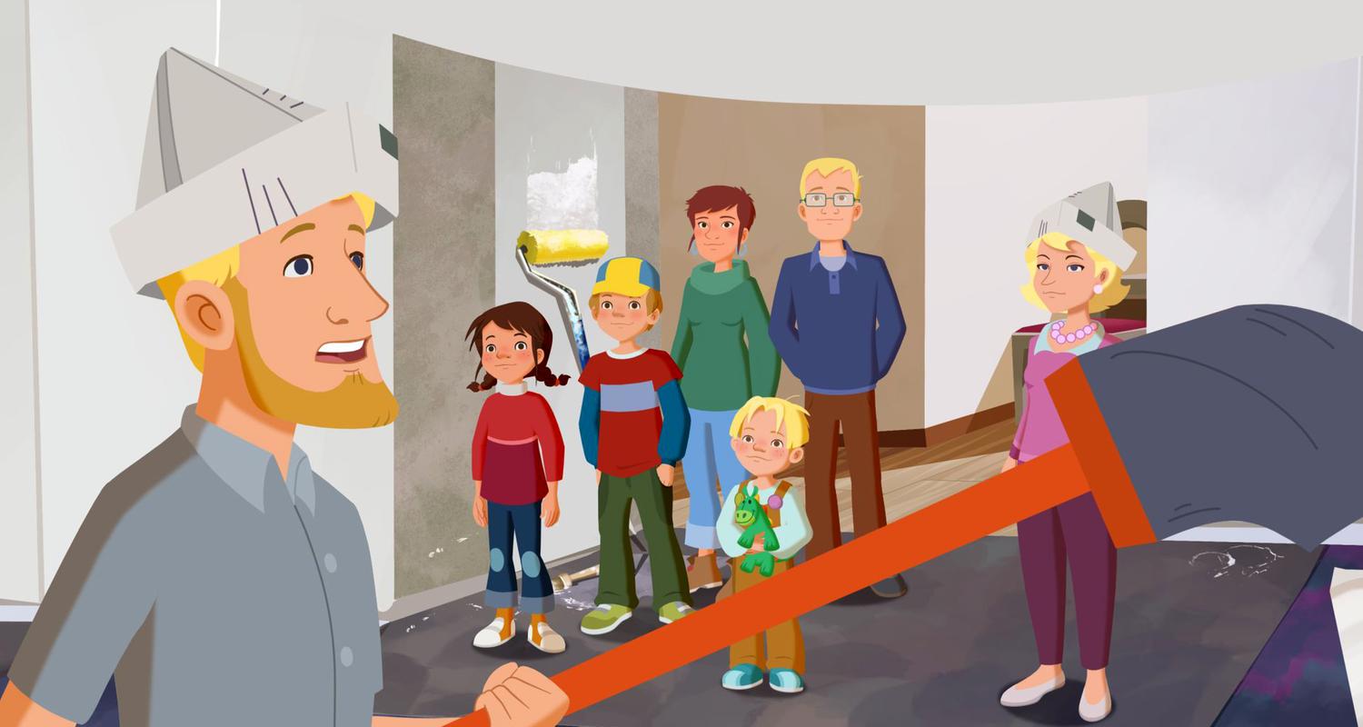 Familie Johannson streicht das Reihenhaus. Alle sind mit Streichutensilien wie Pinsel ausgerüstet.