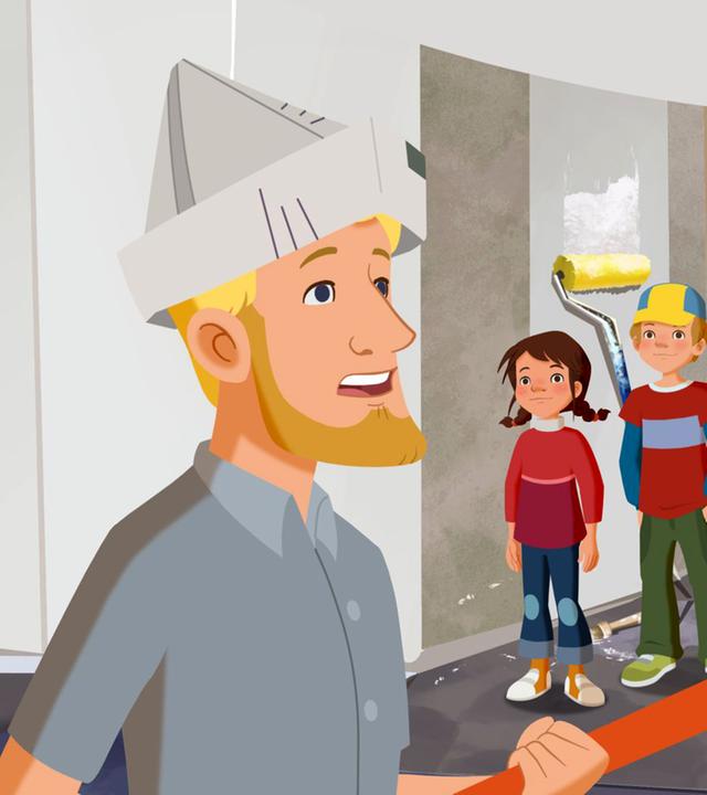 Familie Johannson streicht das Reihenhaus. Alle sind mit Streichutensilien wie Pinsel ausgerüstet.