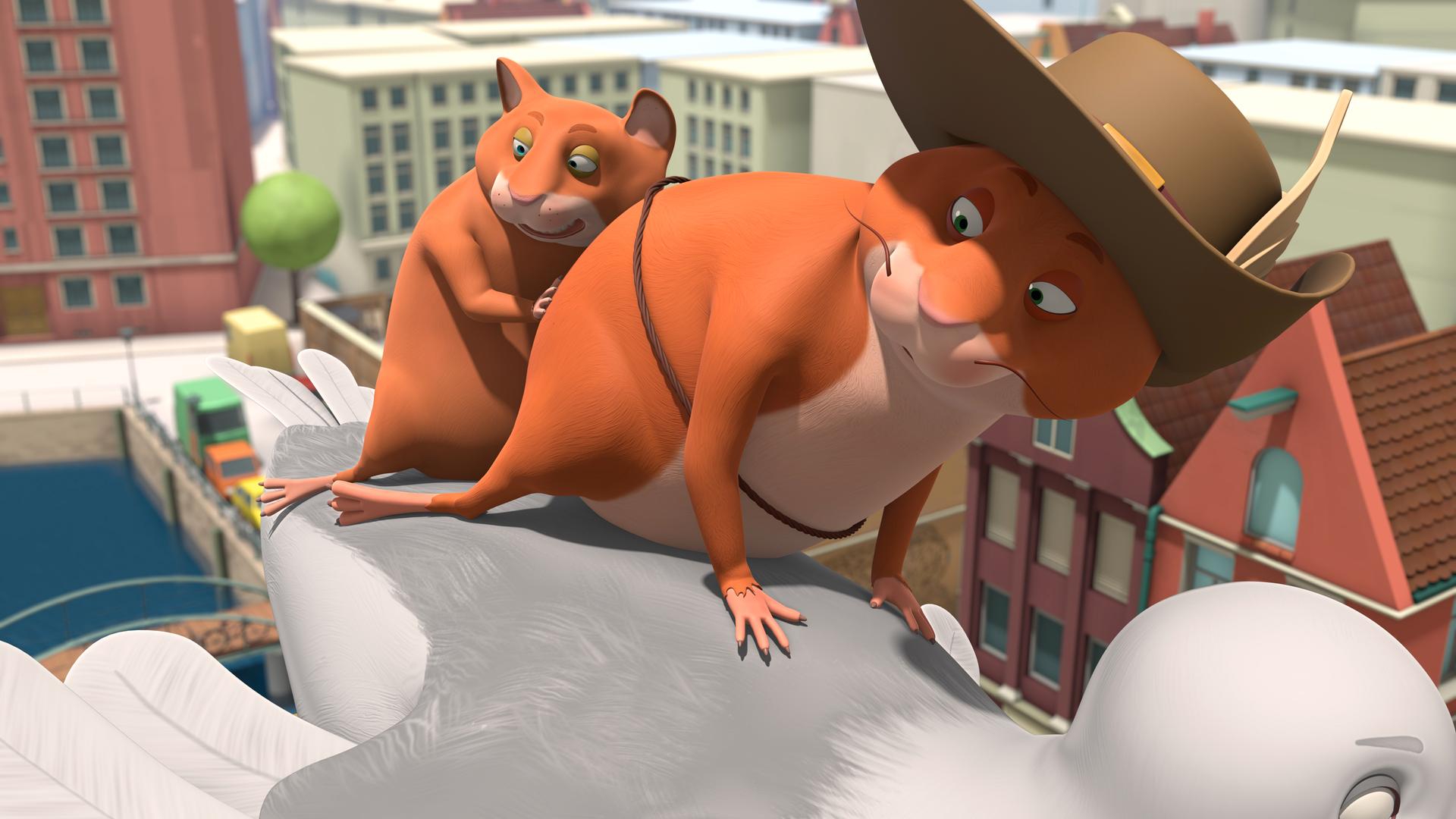 Hamster Bernhard steht hinter Hamster Bertram auf dem Rücken einer Möwe. Diese fliegt mit ihnen über Hausdächer davon.