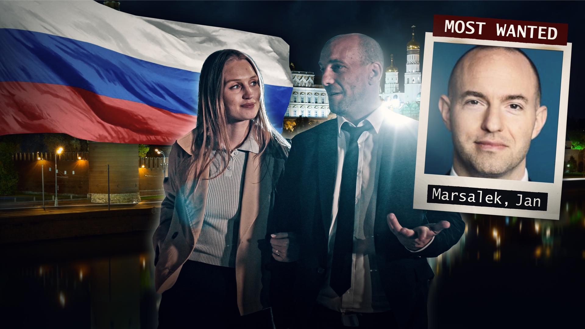 Fahndungsfoto von Jan Marsalek mit Szene aus Reenactment, Kreml und russischer Flagge im Hintergrund