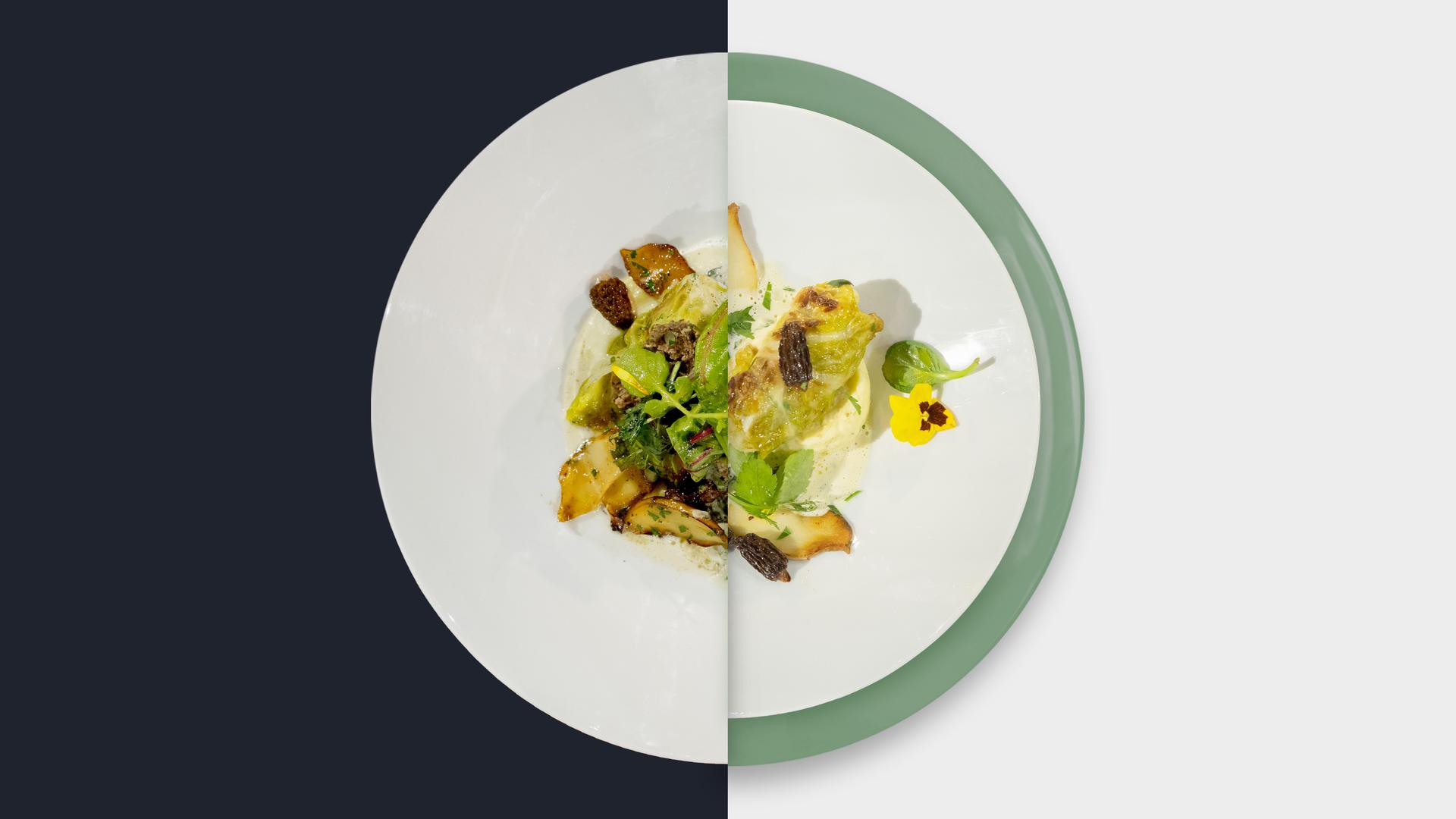 Wirsingkohlroulade mit Estragon-Schaum, Kartoffelpüree, gebratenen Kräuterseitlingen, Morcheln und Wildkräutersalat