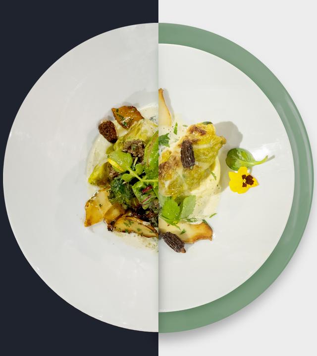 Wirsingkohlroulade mit Estragon-Schaum, Kartoffelpüree, gebratenen Kräuterseitlingen, Morcheln und Wildkräutersalat