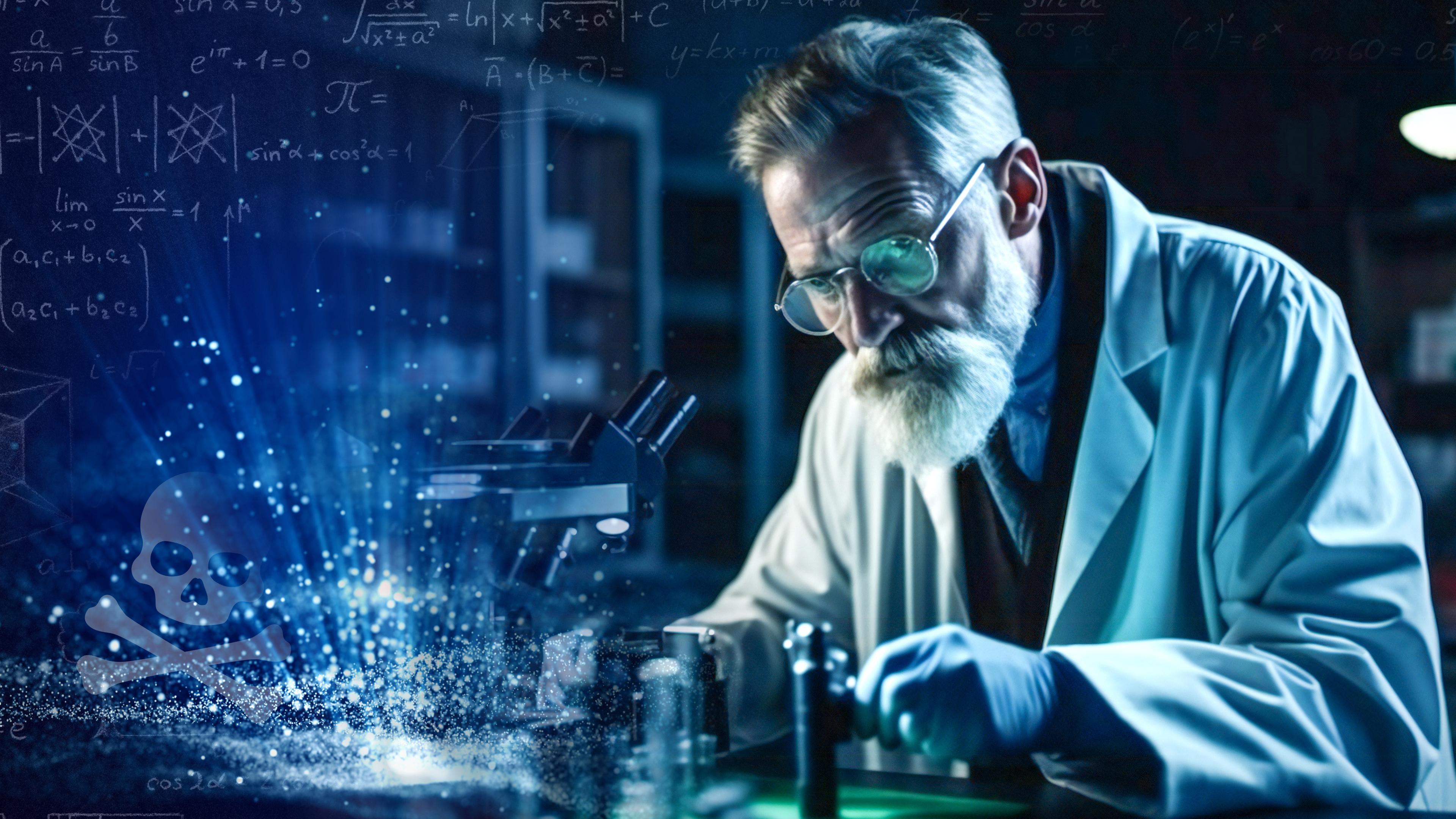 Ein älterer Wissenschaftler, im weißen Laborkittel, ist in seine Arbeit vertieft. Daneben ist ein Totenkopf vor einem blauen Hintergrund mit leicht erkennbaren mathematischen Formeln.
