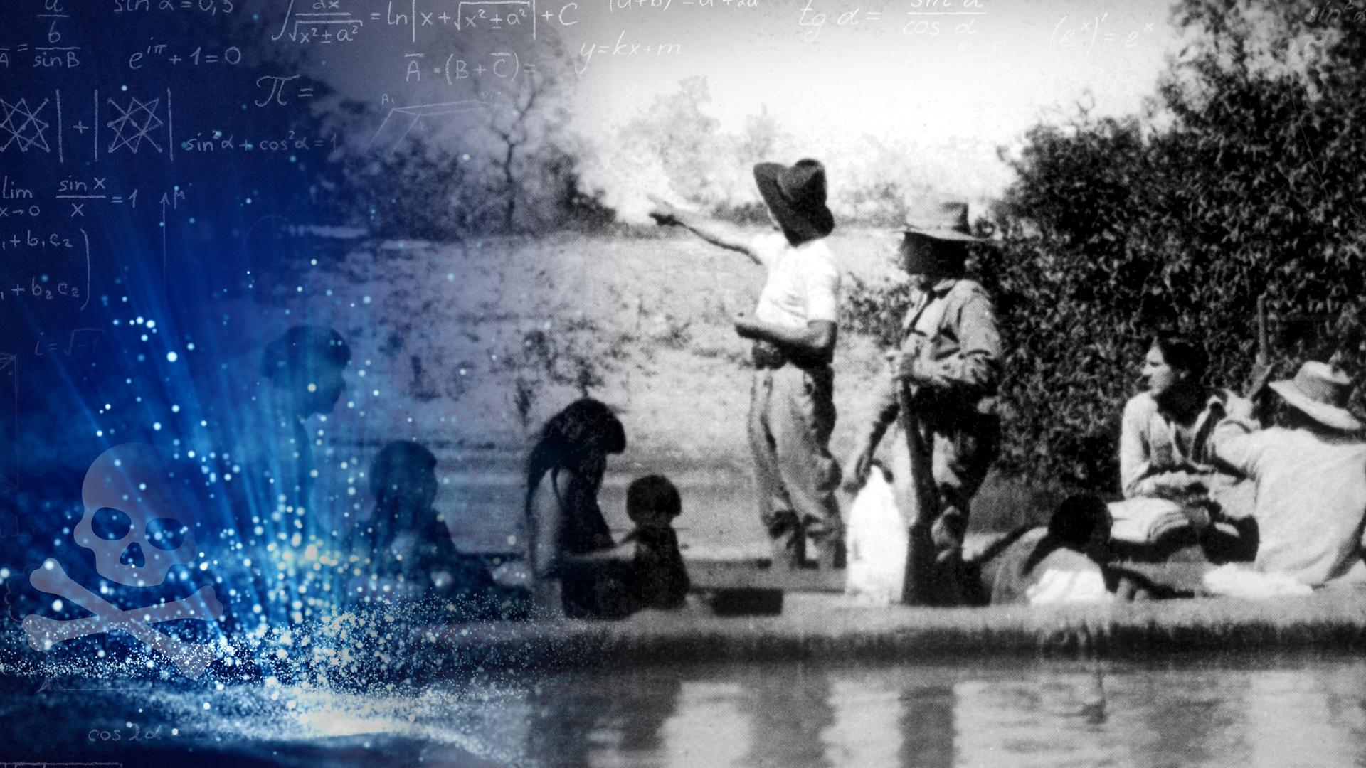 Eine Erkundungsgruppe und eine Familie von Eingeborenen ist am Fluss. Daneben ist ein Totenkopf vor einem blauen Hintergrund mit leicht erkennbaren mathematischen Formeln.