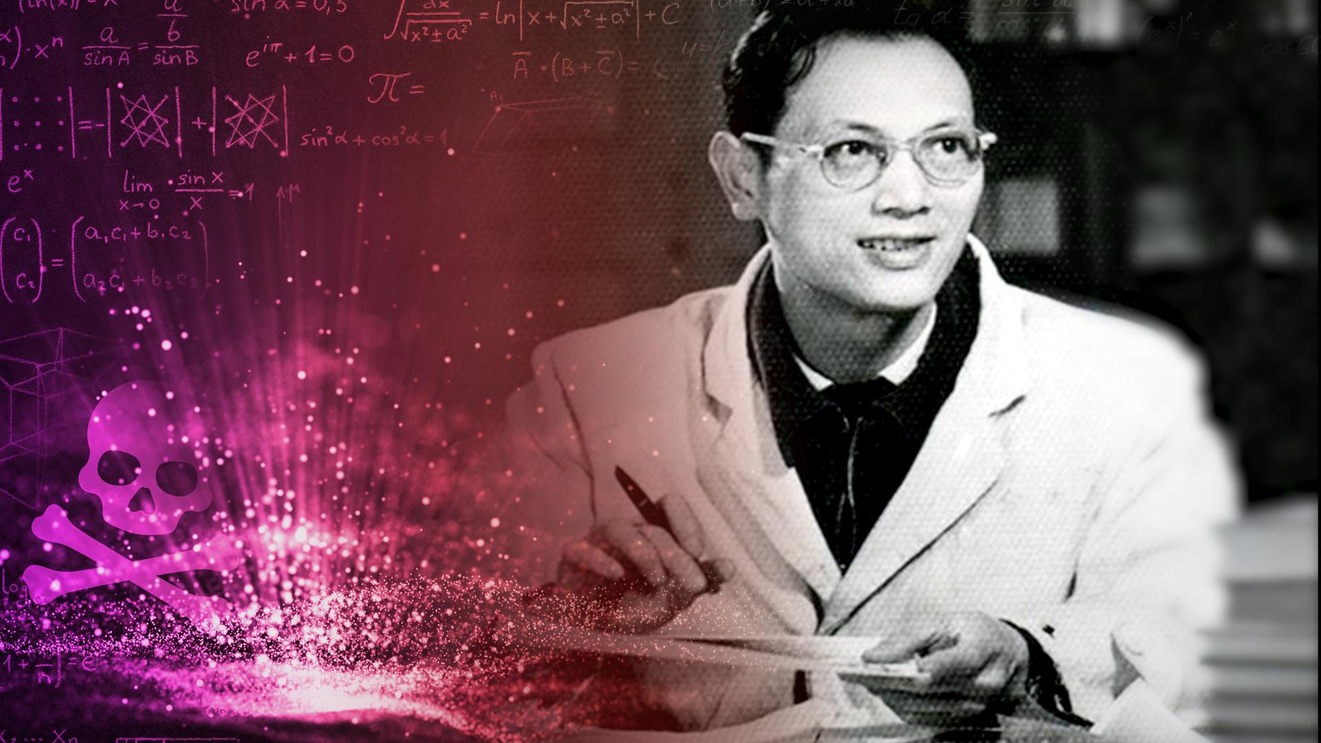 Schwarz-Weiß-Foto von Peng Jiamu. Im linken Bildbereich ein Giftsymbol (Totenkopf) und mathematische Formeln