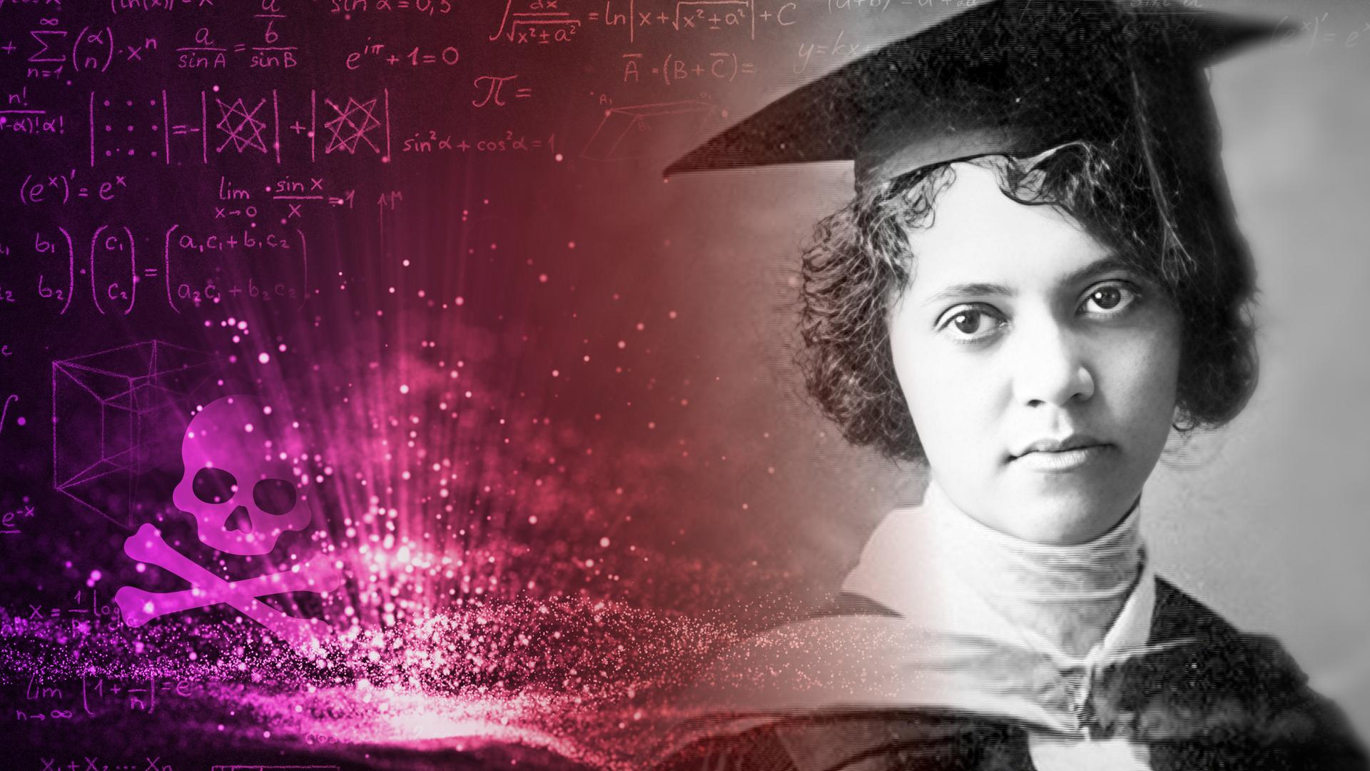Schwarz-weiß-Foto von Alice Ball in Talar und Doktorhut. Im linken Bildbereich ein Giftsymbol (Totenkopf) und mathematische Formeln.