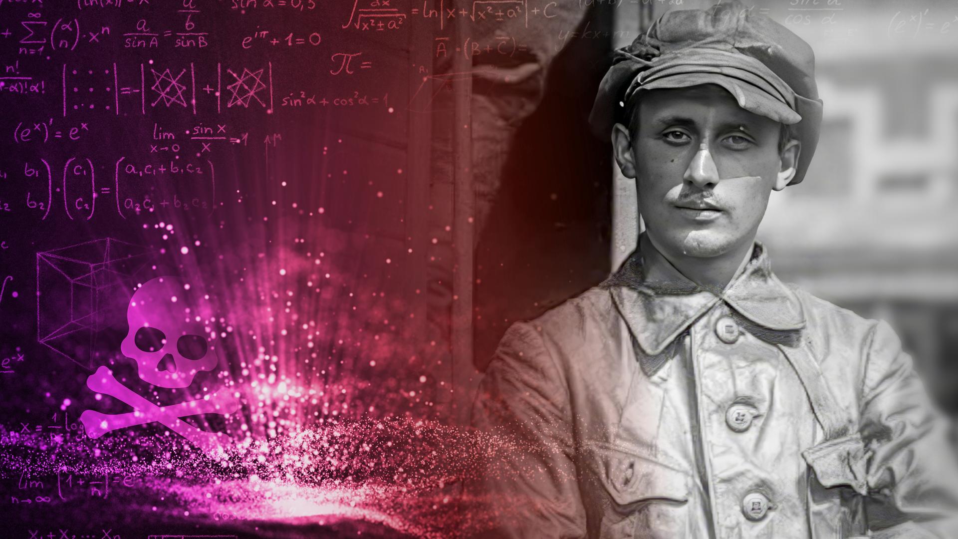 Walerian Abakowski in Uniform und Eisenbahnerkappe lehnt an einem Waggon und blickt in die Kamera. Im linken Bildbereich ein Giftsymbol (Totenkopf) und mathematische Formeln.