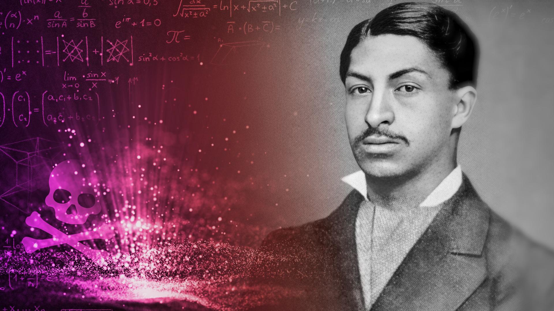 Auf der einen Seite ist ein Totenkopf als Giftsymbol unter mathematischen Formeln auf dunklem Hintergrund abgebildet. Auf der anderen Seite liegt das Schwarz-Weiß-Foto von Daniel Alcides Carrión, einem jungen Mann mit eleganter Frisur und Jackett sowie feinem Oberlippenbart.