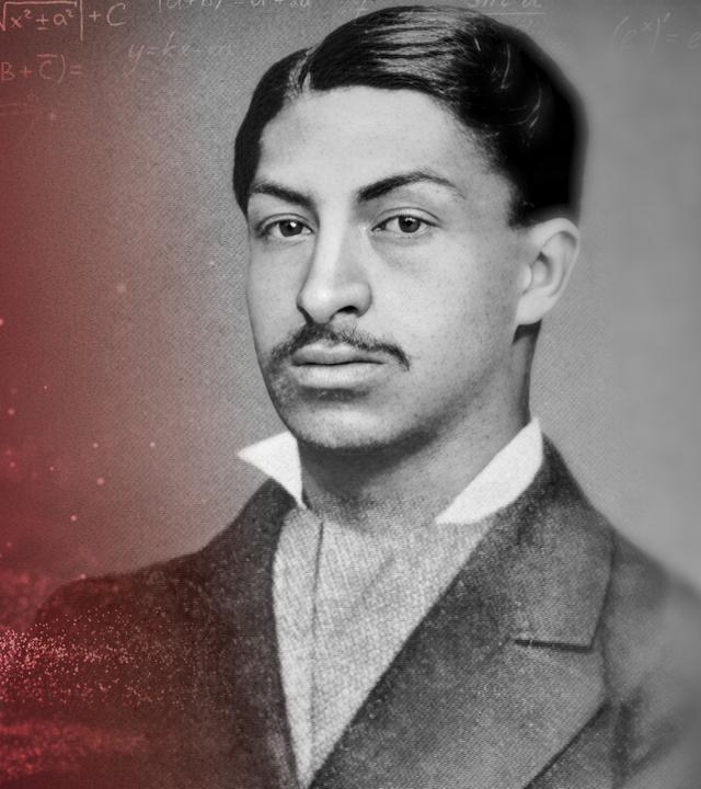 Auf der einen Seite ist ein Totenkopf als Giftsymbol unter mathematischen Formeln auf dunklem Hintergrund abgebildet. Auf der anderen Seite liegt das Schwarz-Weiß-Foto von Daniel Alcides Carrión, einem jungen Mann mit eleganter Frisur und Jackett sowie feinem Oberlippenbart.