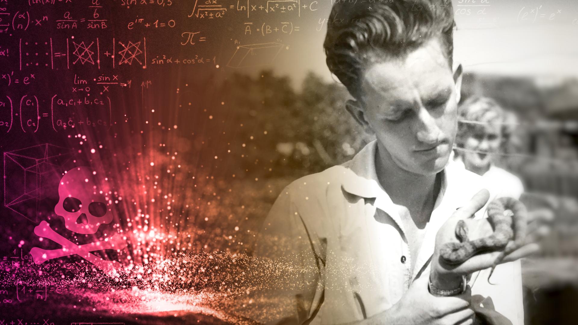 Auf der einen Seite ist ein Totenkopf als Giftsymbol unter mathematischen Formeln auf dunklem Hintergrund abgebildet. Auf der anderen Seite liegt das Schwarz-Weiß-Foto von Kevin Budden, der eine Schlange in den Händen hält. Hinter ihm steht eine Frau und beobachtet ihn.