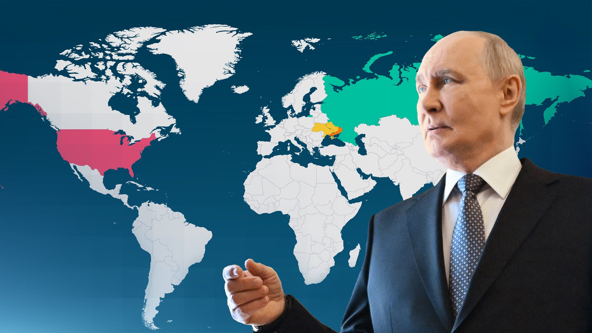 Zu sehen ist Wladimir Putin und im Hintergund eine Weltkarte. Markiert sind Russland (grün), die Ukraine (gelb) und die USA (rot).