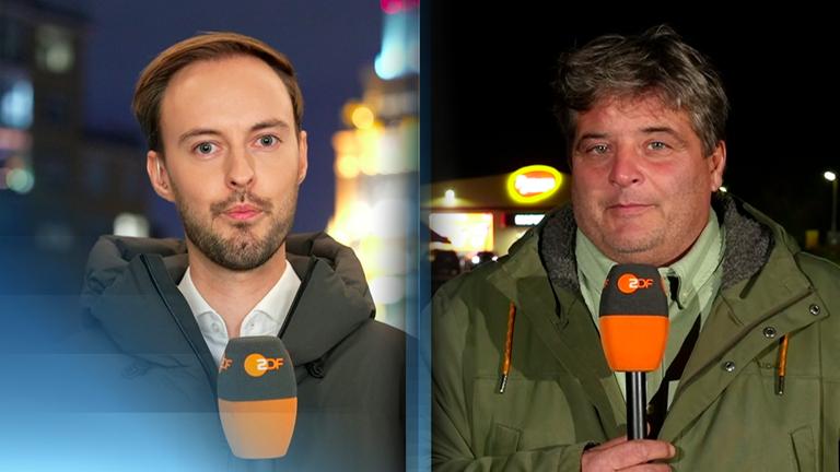 Zu sehen sind ZDF-Korrespondent Dara Hassanzadeh, zugeschaltet aus Smijiw, und ZDF-Reporter Felix Klauser, zugeschaltet aus Moskau.