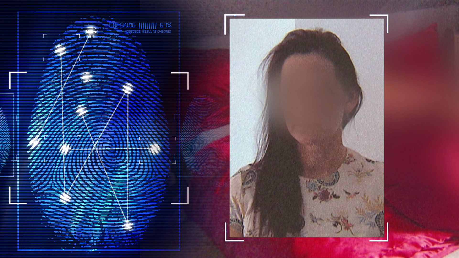Das Bild einer Frau mit langen brauen Haaren, das Gesicht ist verfremdet. Links daneben: Lichtschematische Darstellung eines Fingerabdrucks.