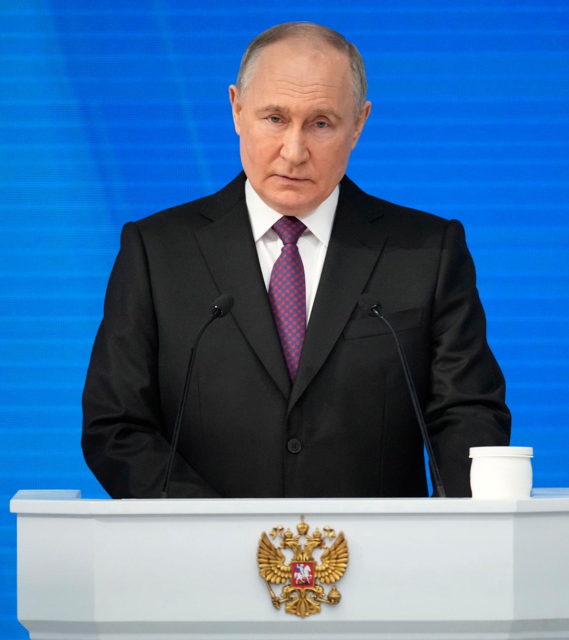 Wladimir Putin hält seine Rede zur Lage der Nation in Moskau am 29.02.2024.