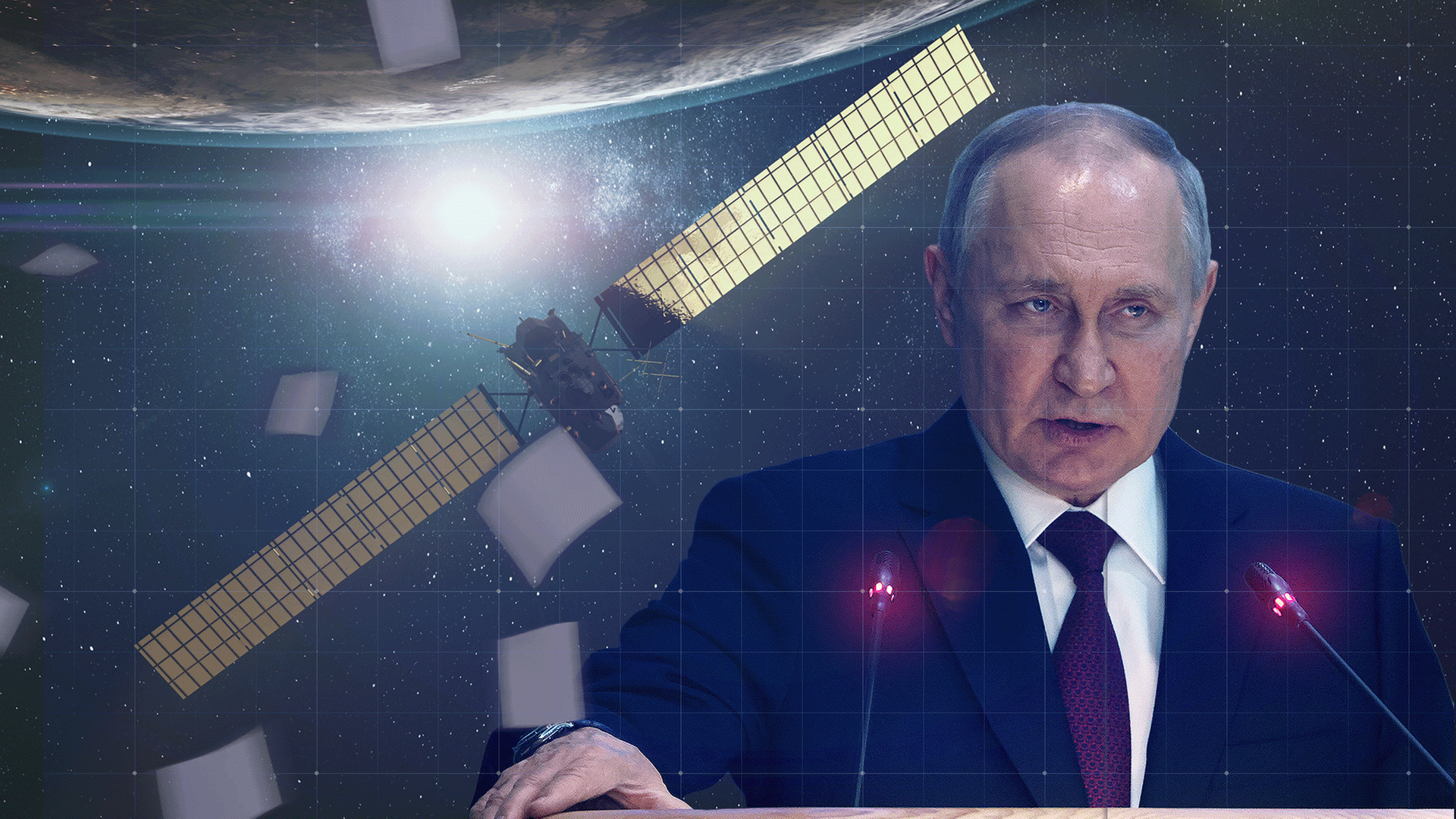 Bildcollage: Wladimir Putin (rechts im Bild), Satellit im Weltall (links im Bild)