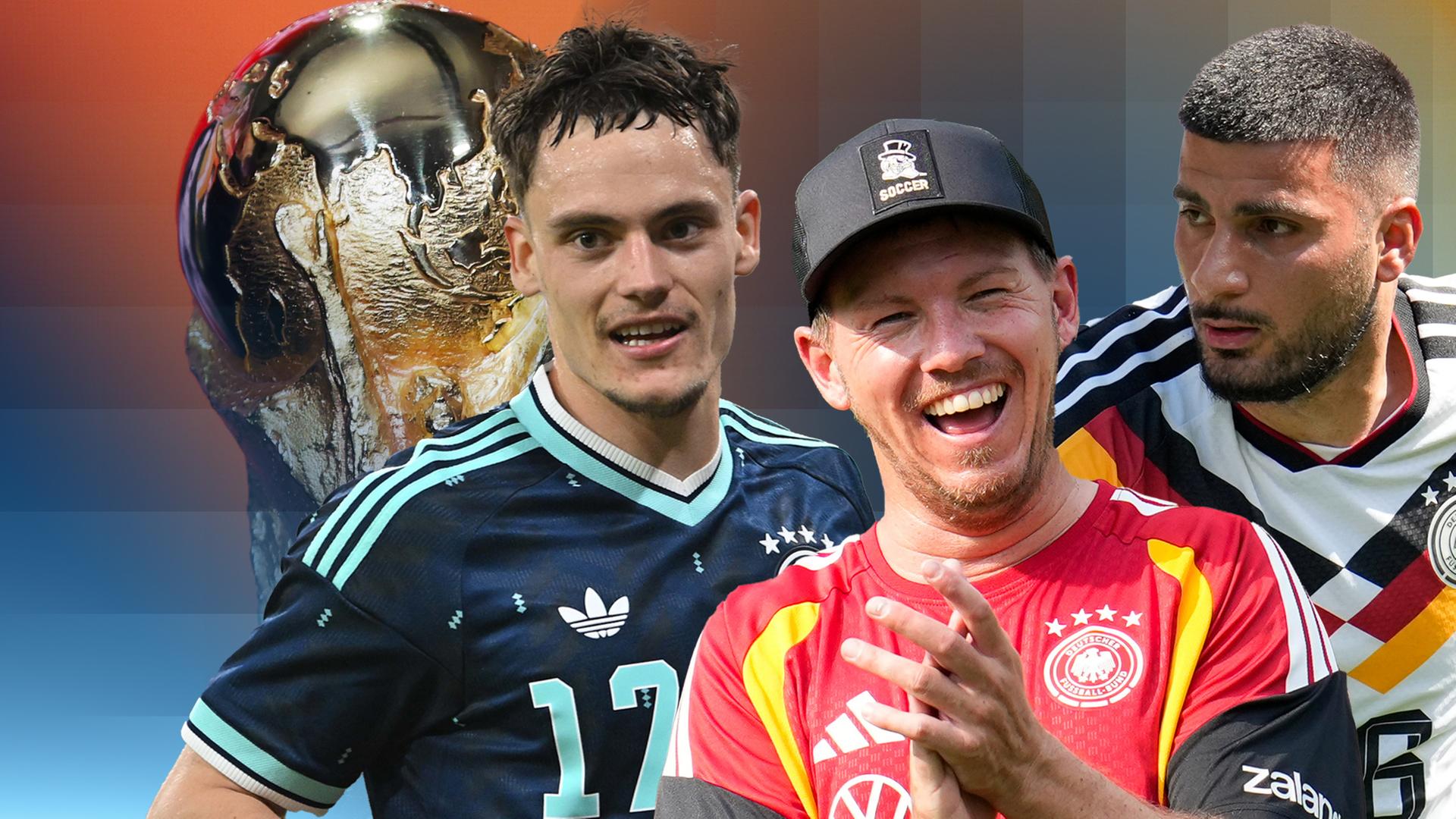 Vor dem WM-Pokal sind Florian Wirtz, Julian Nagelsmann und Deniz Undav abgebildet